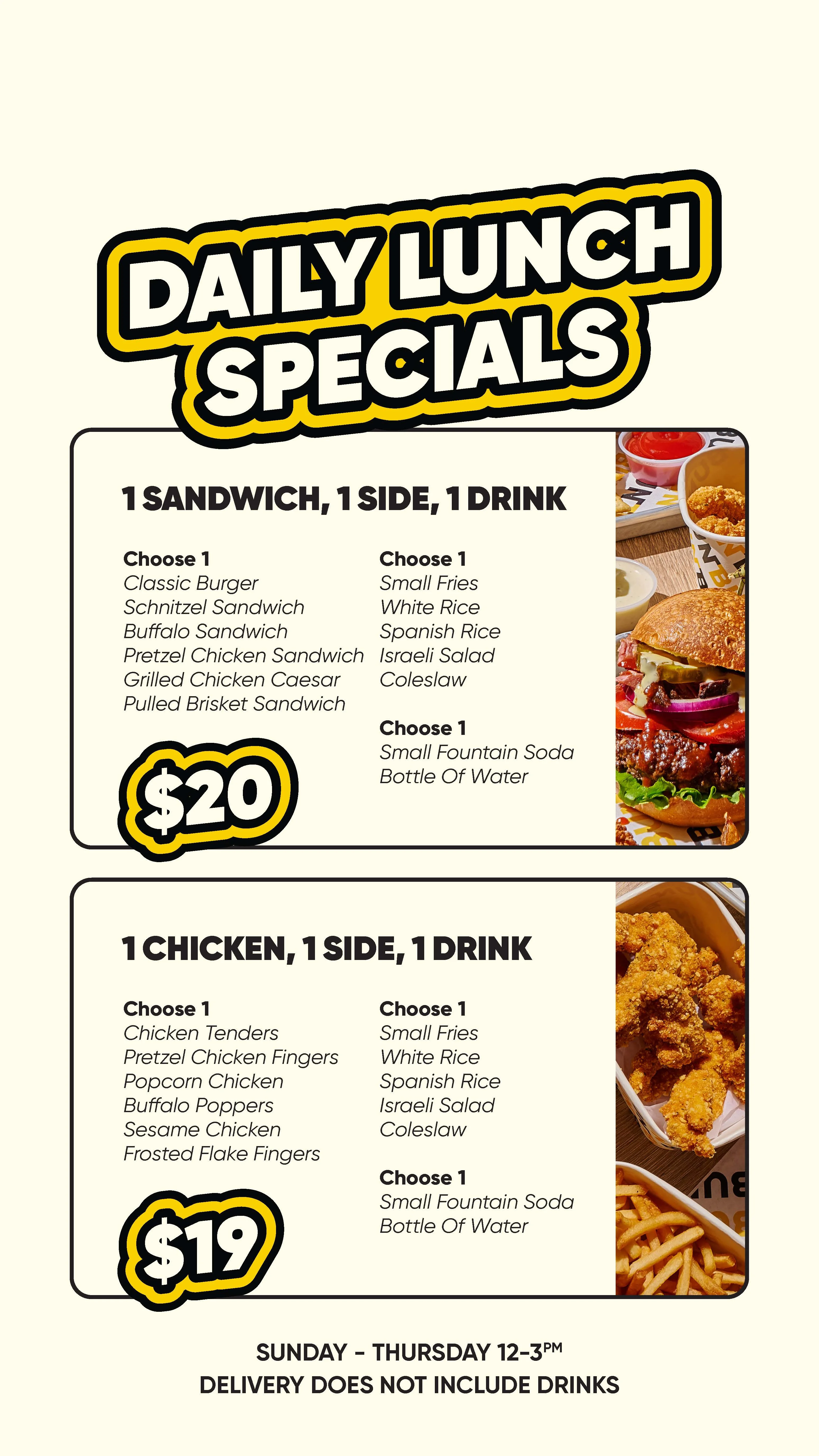 Daily lunch specials featuring sandwiches and chicken dishes