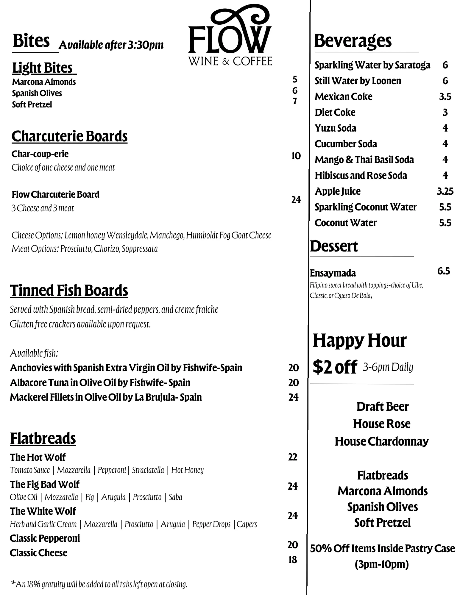Wine and coffee menu featuring diverse selections and light bites
