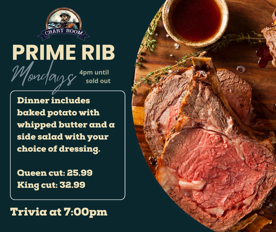 Prime rib dinner with baked potato and salad at The Chart Room