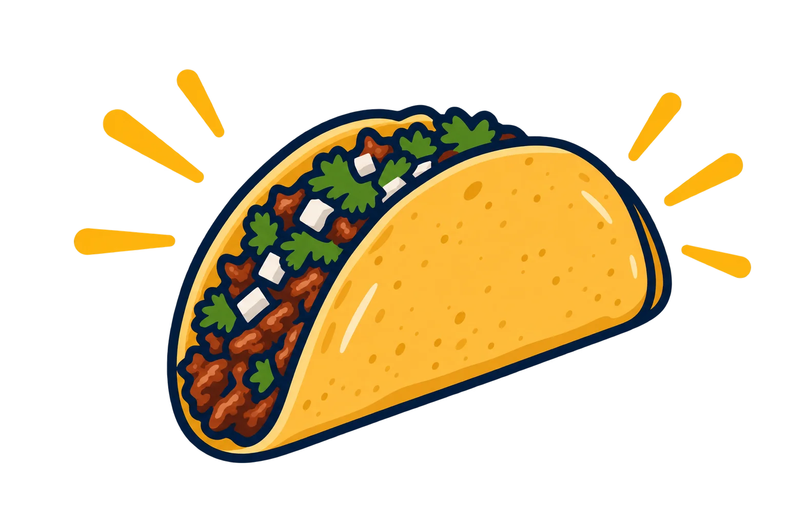 Illustrated Mexican taco with seasoned filling, cilantro, and cheese
