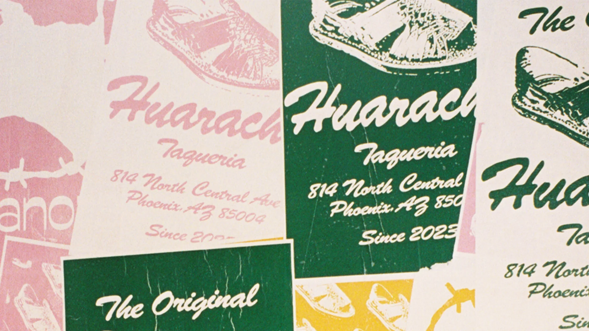 Colorful promotional materials for Huarachera restaurant in Phoenix
