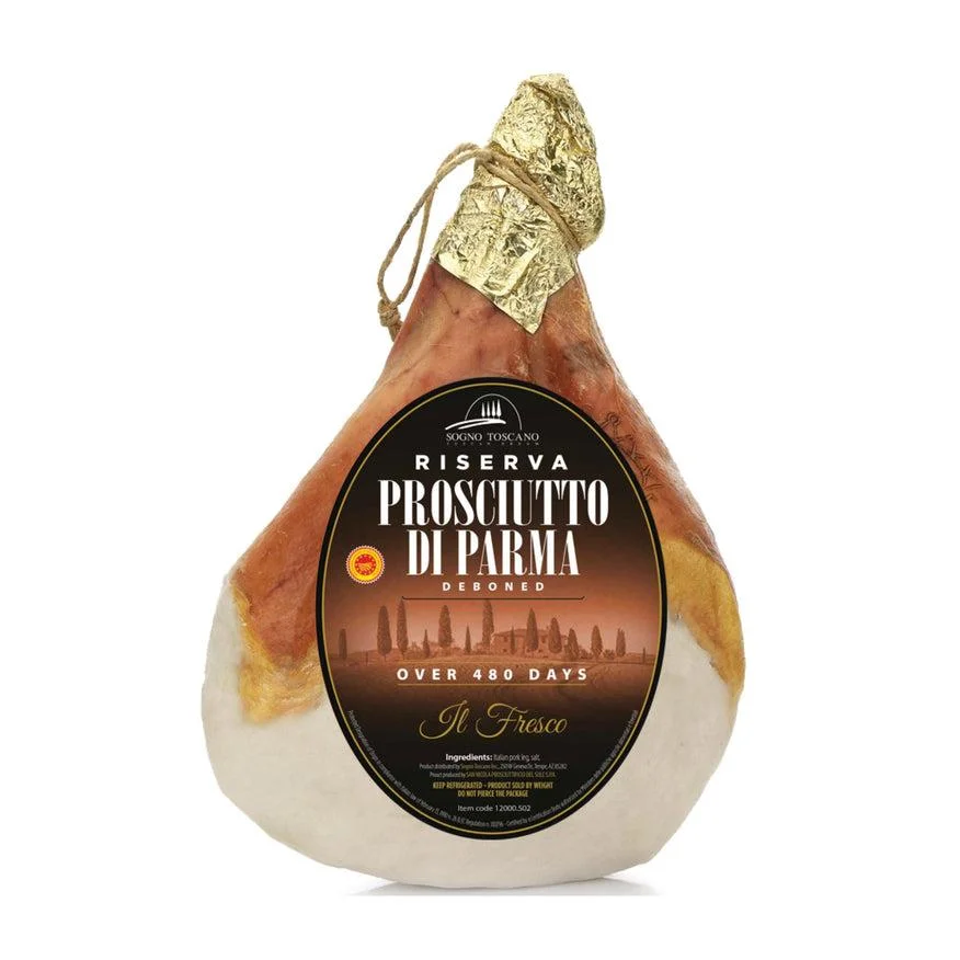 Aged Prosciutto di Parma with a golden rind