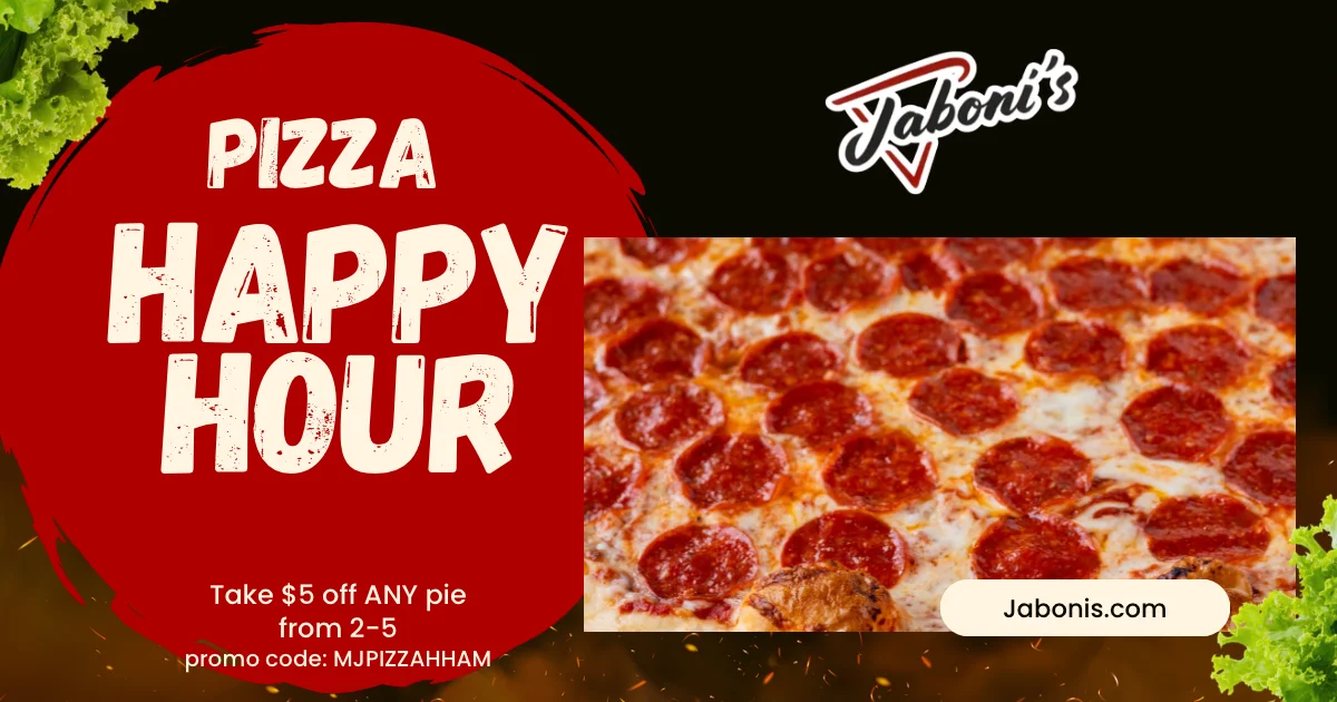 Happy Hour promotional image featuring drinks and appetizers