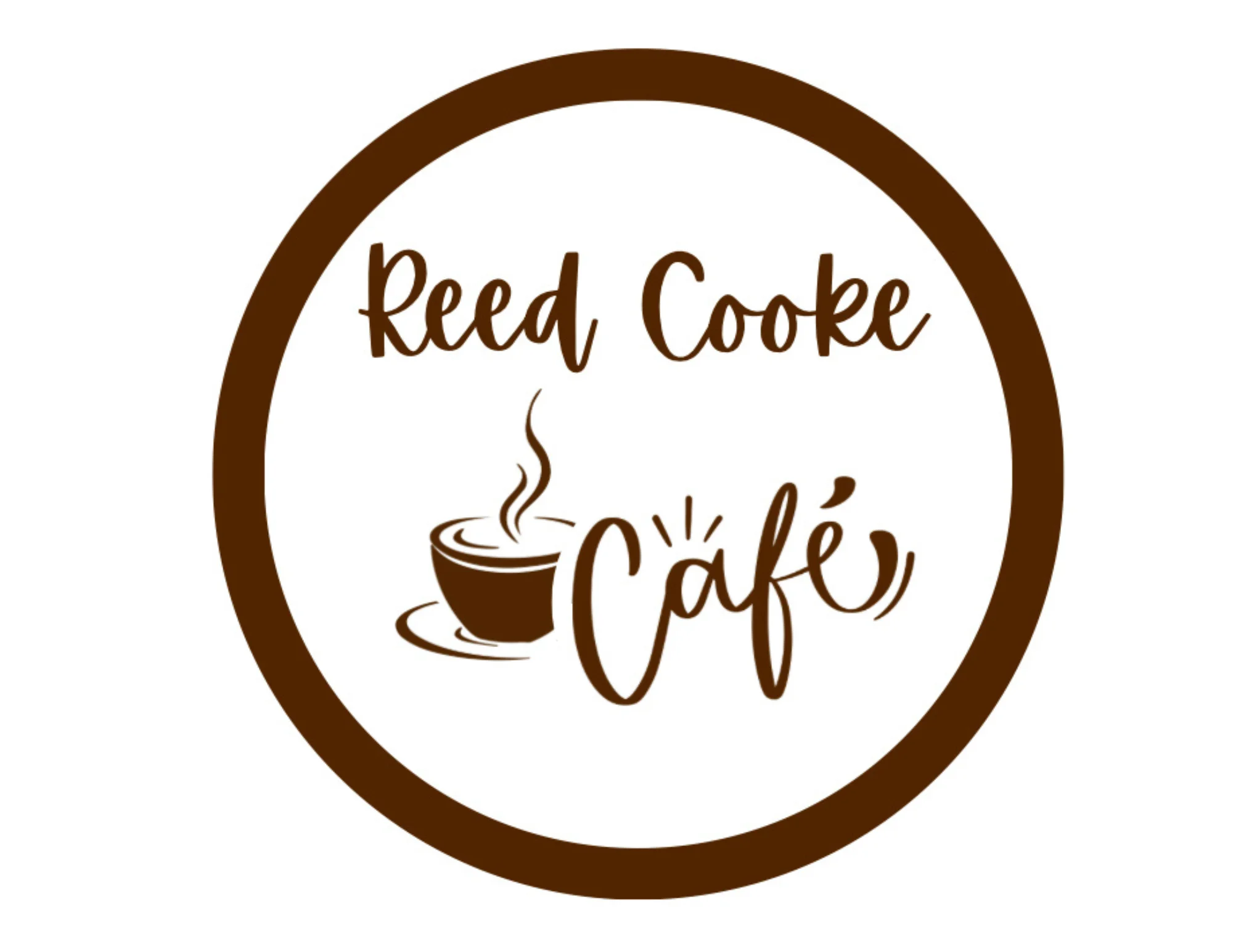 A circular logo featuring a coffee cup with steam, surrounded by the text 'Reed Cooke Café'. The color scheme is warm with brown tones.