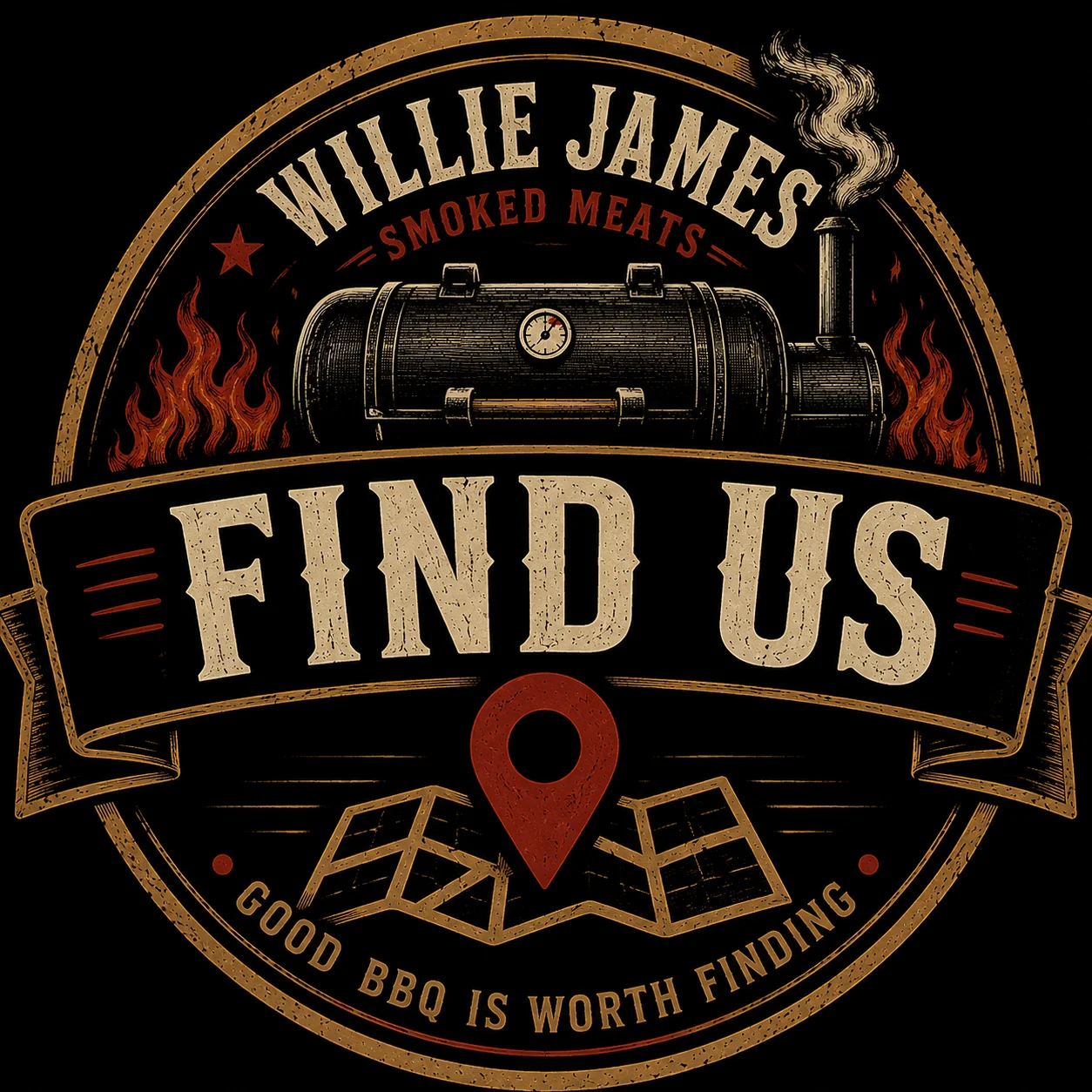 Vintage BBQ logo for Willie James Smoked Meats