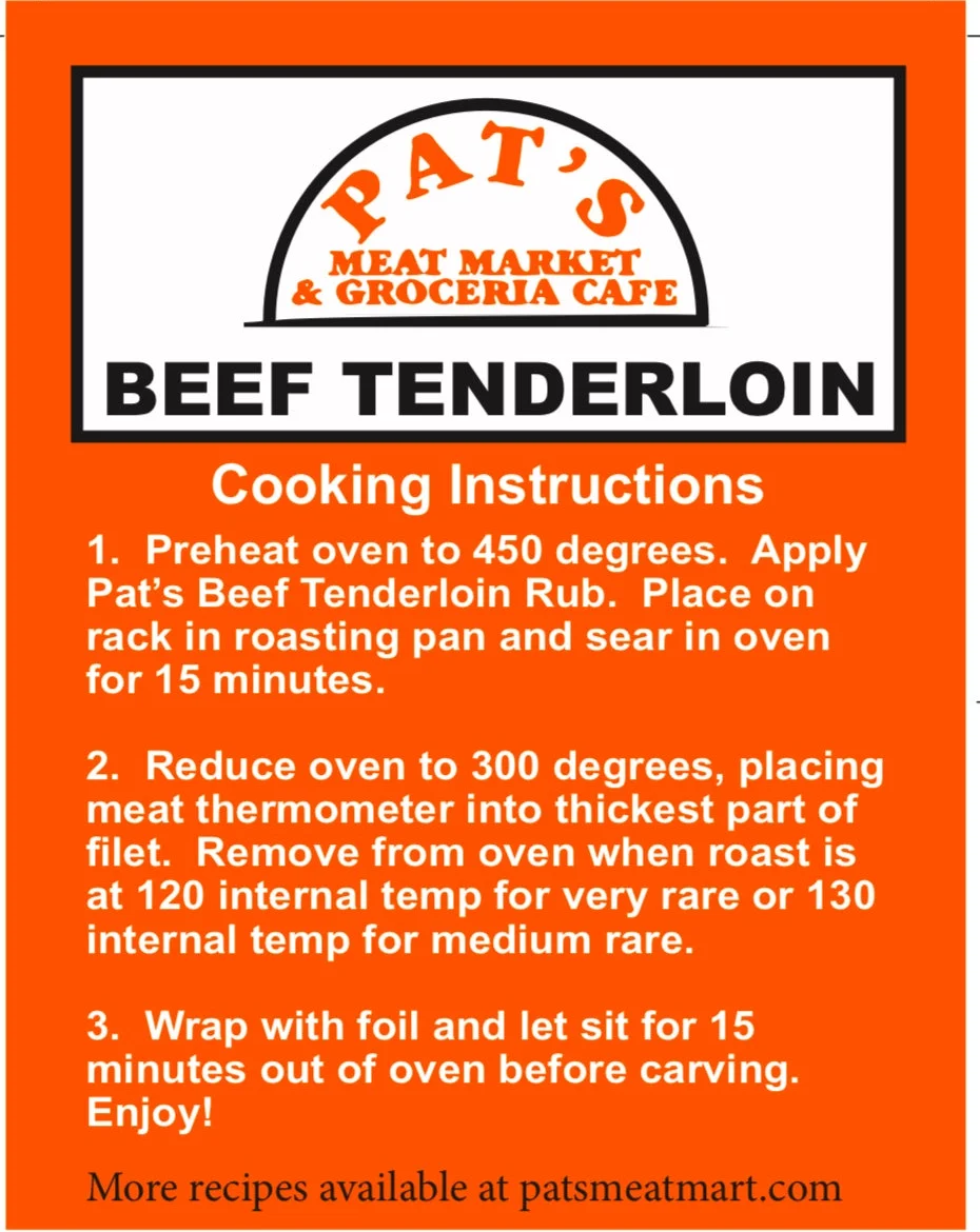 Cooking instructions for beef tenderloin with step-by-step visuals.
