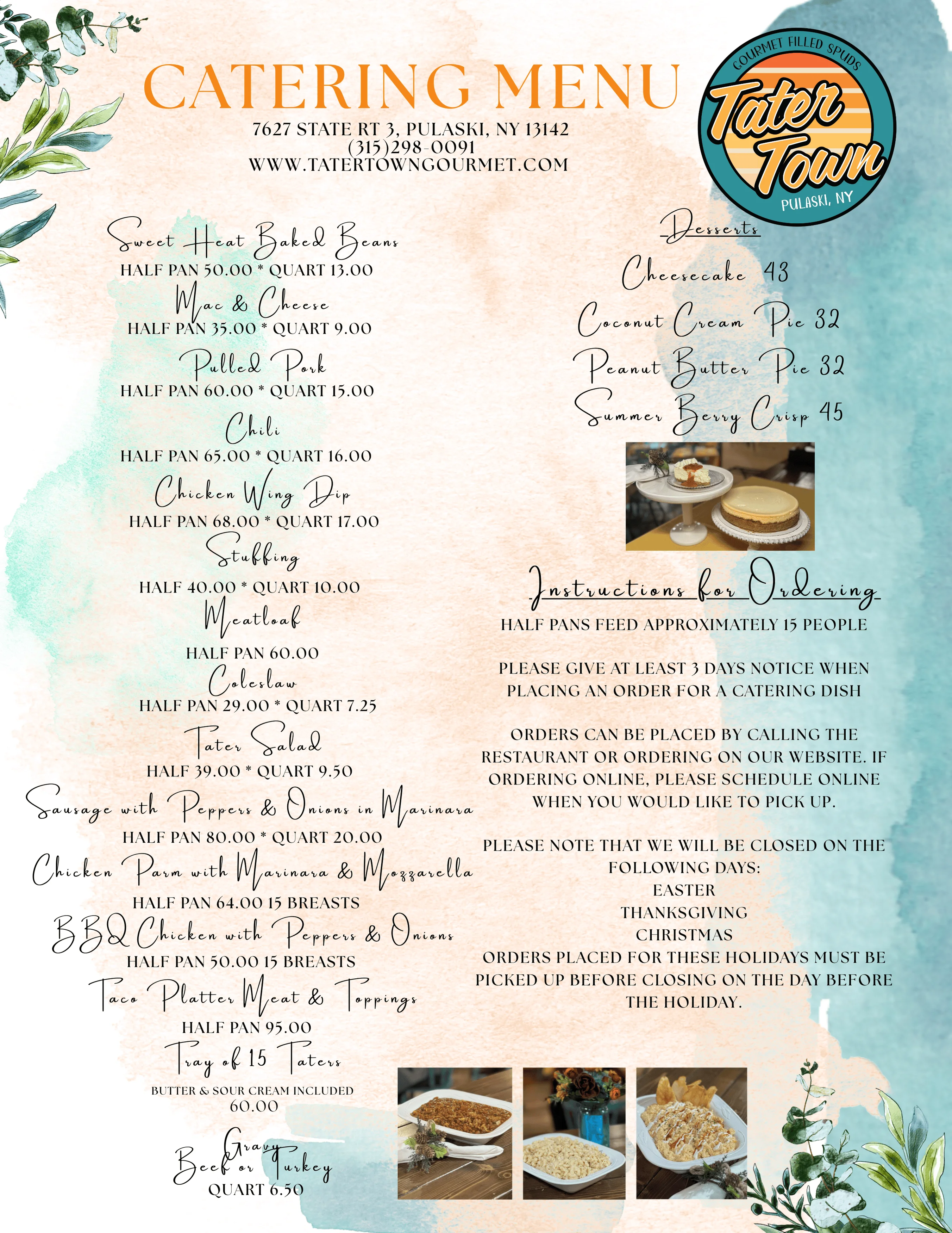Catering menu featuring a variety of American comfort foods