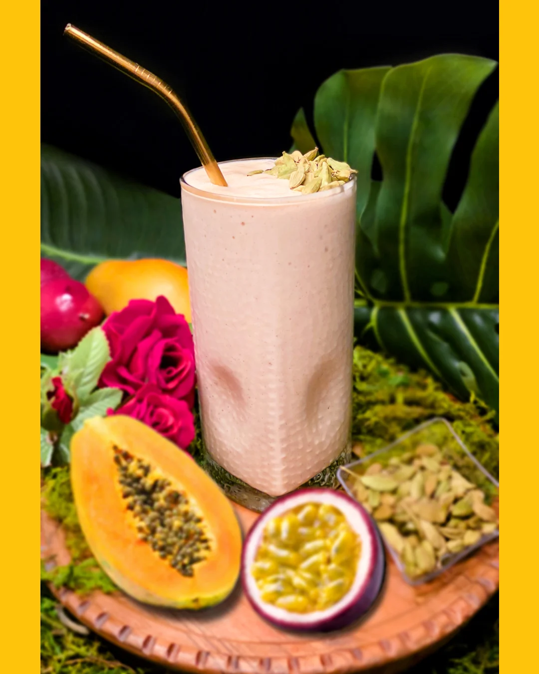 Tropical papaya smoothie with cardamom garnish
