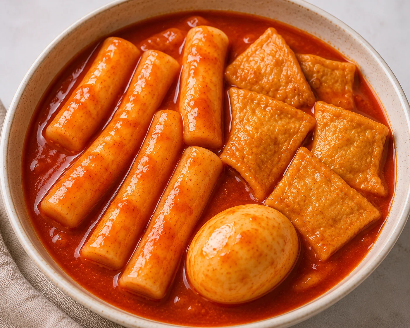 Korean tteokbokki in spicy sauce with fish cakes and egg