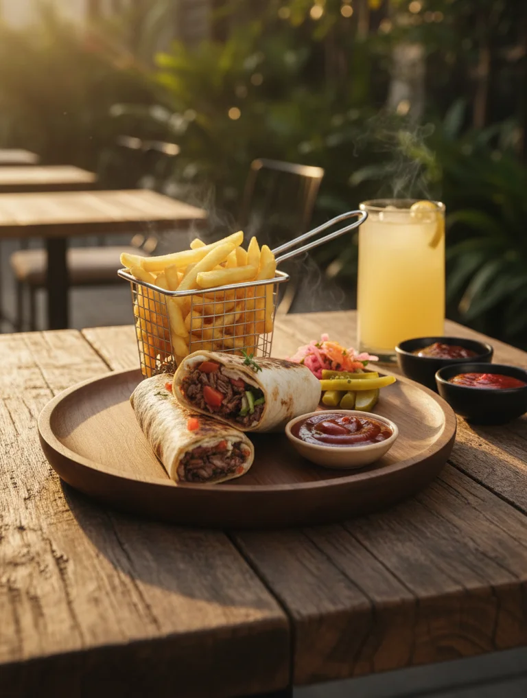Delicious beef burritos with fries and sauces in a sunny outdoor setting