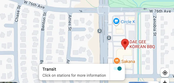 Map showing location of Dae Gee Korean BBQ restaurant