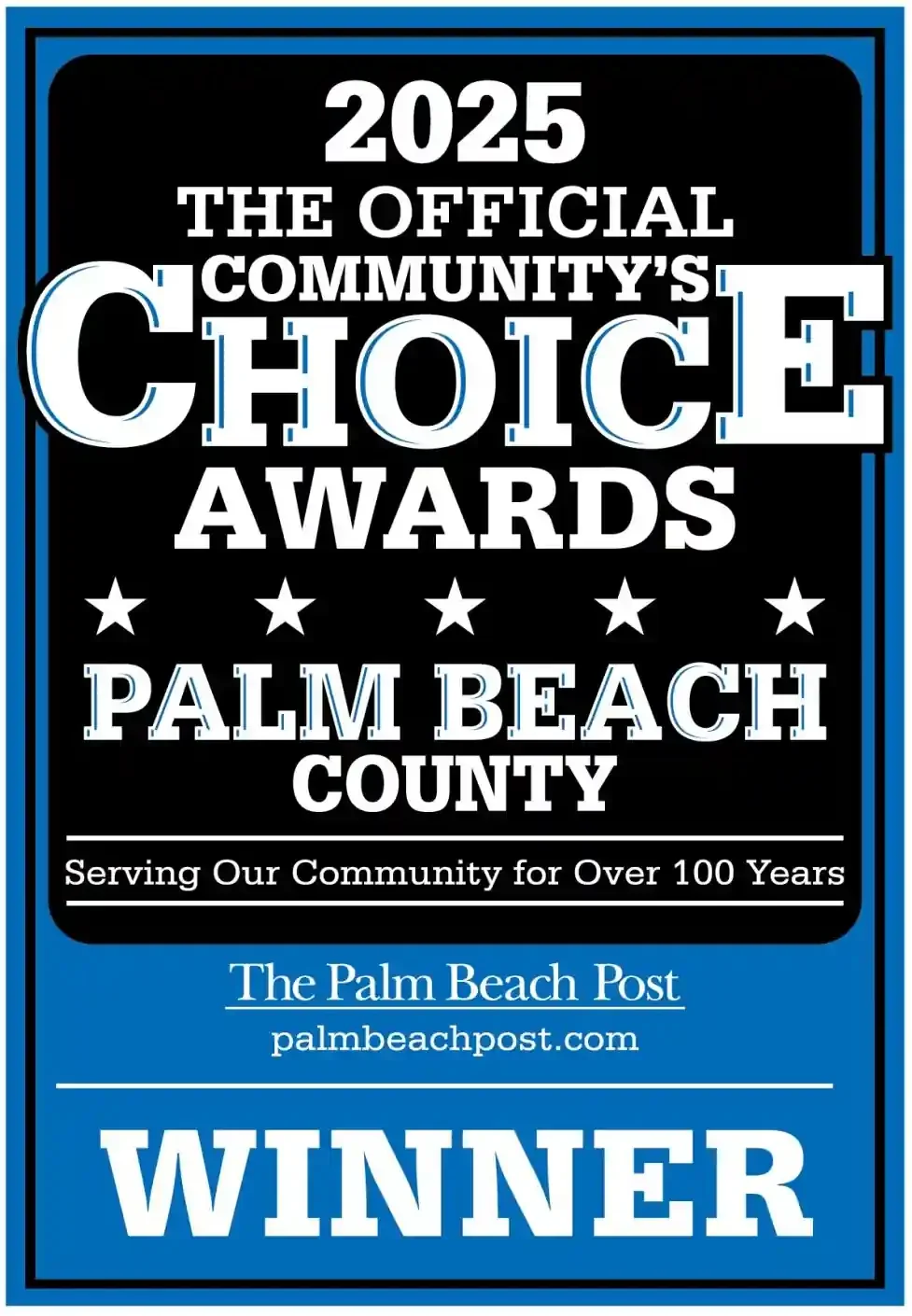 2025 Community Choice Awards winner plaque for Palm Beach County