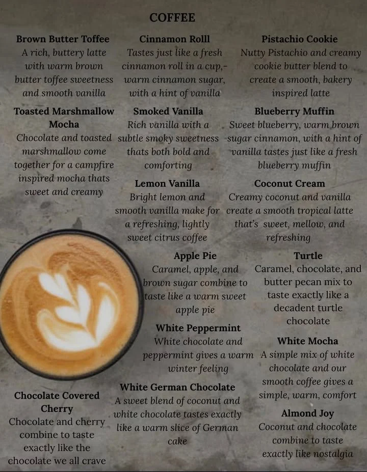 A menu featuring various coffee flavors, describing unique taste profiles for each drink.