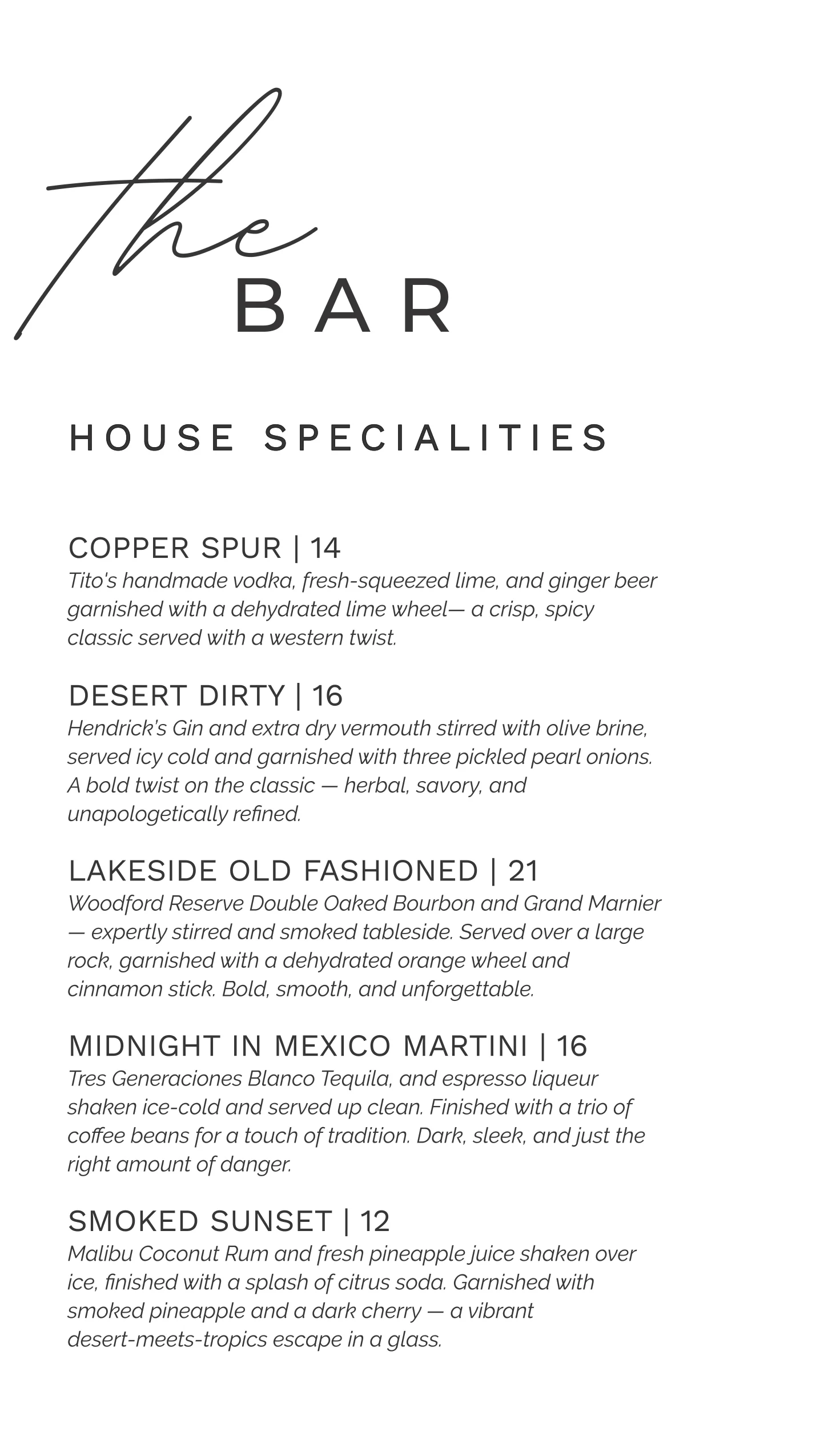 Cocktail menu featuring house specialties at a modern bar