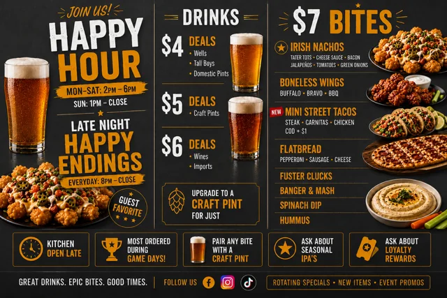 Happy Hour menu featuring drinks and $7 bites specials.