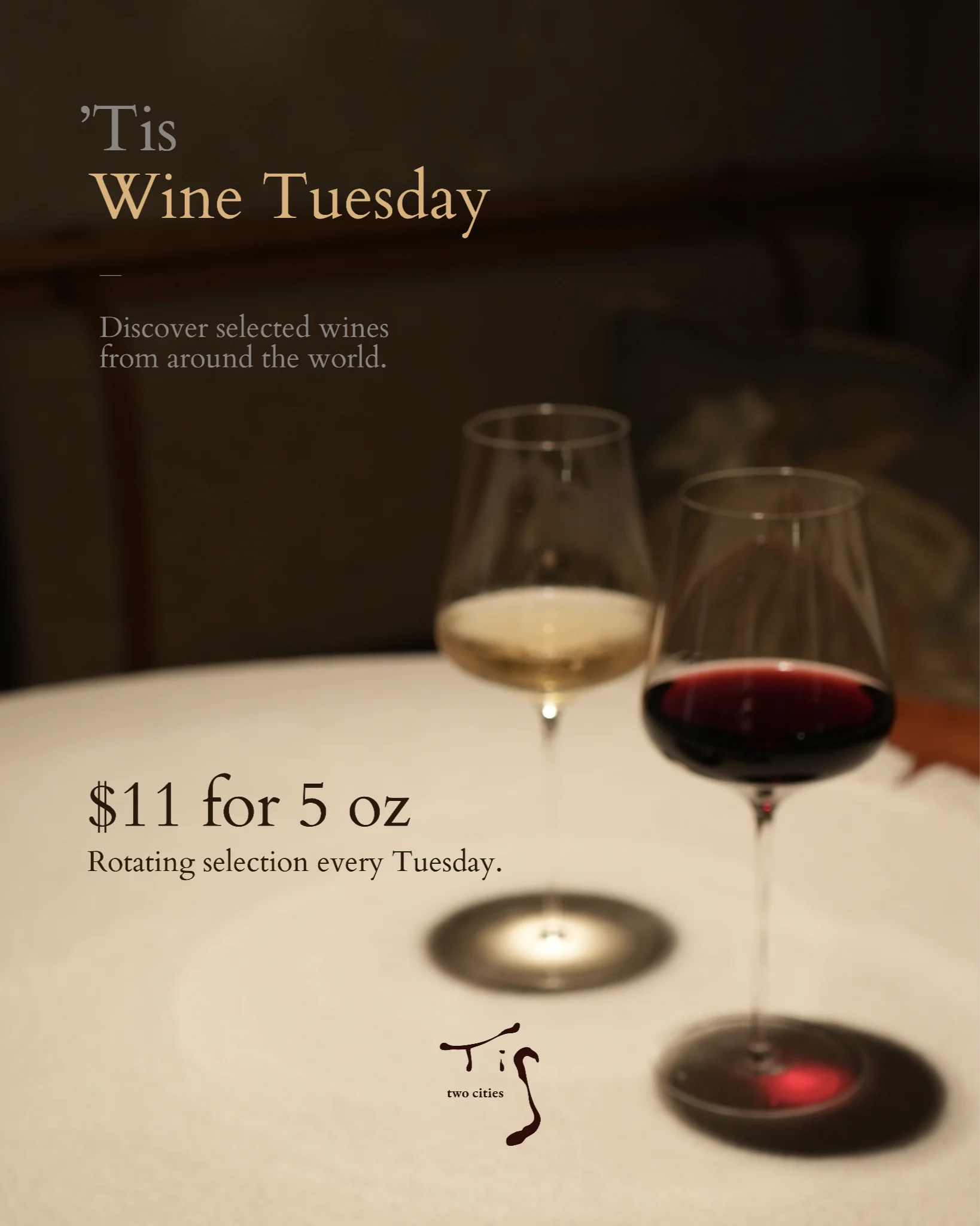 Elegant restaurant wine promotion featuring red and white wine glasses