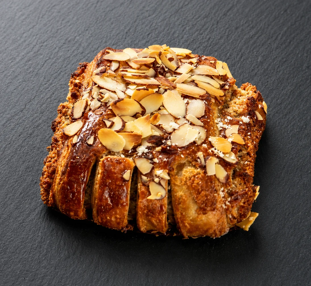 Freshly baked pastries with almonds and cinnamon rolls on a slate surface.