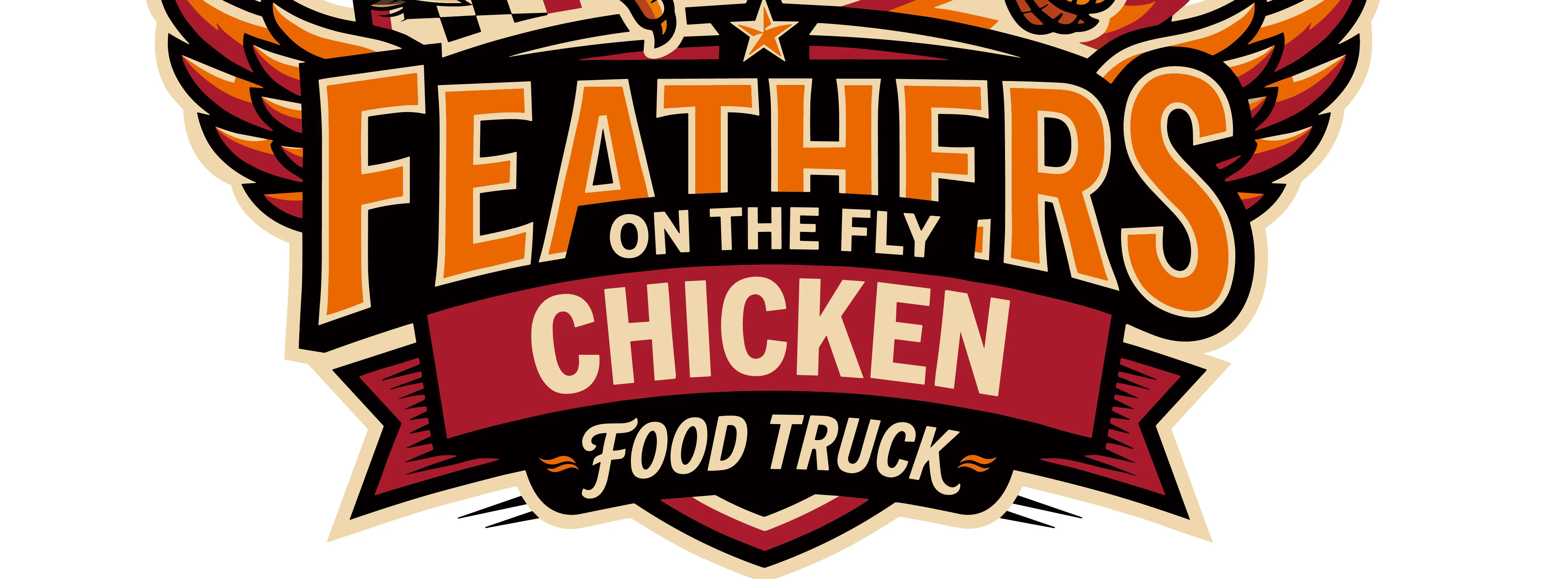 Logo for Feathers on the Fly Chicken food truck featuring a cartoon chicken