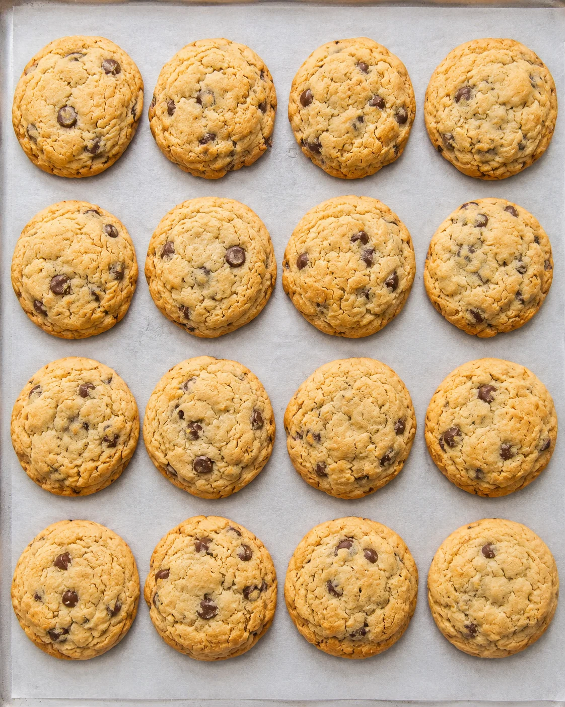 Freshly baked chocolate chip cookies on parchment paper