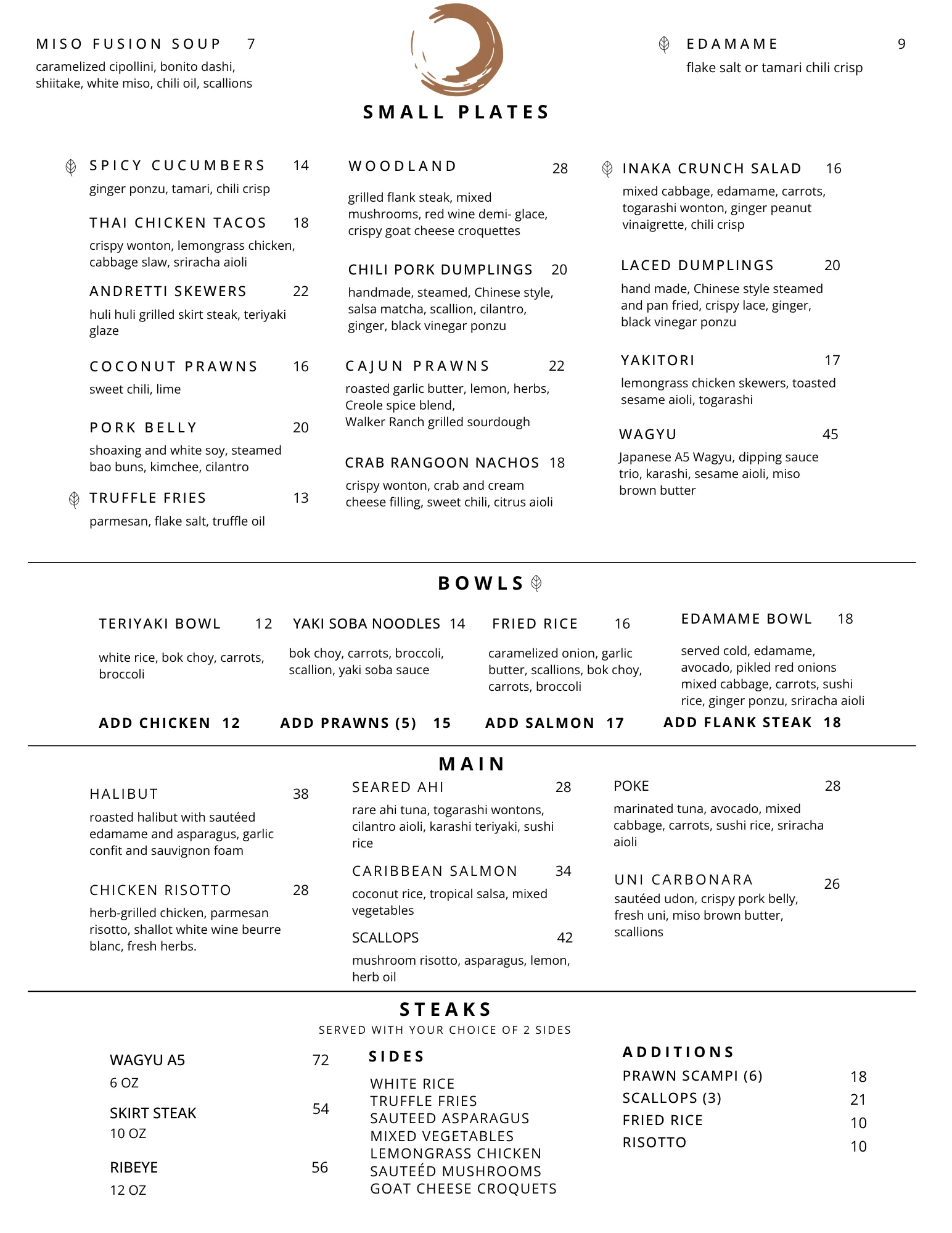 Diverse menu featuring Asian fusion dishes and gourmet small plates