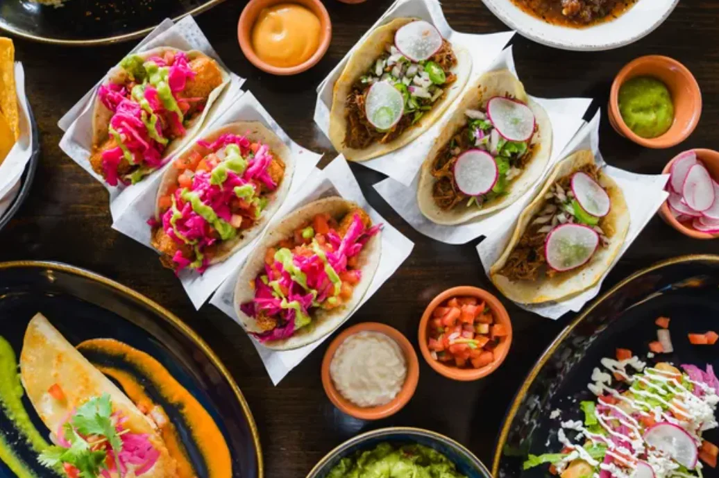 Colorful Mexican street tacos with vibrant toppings