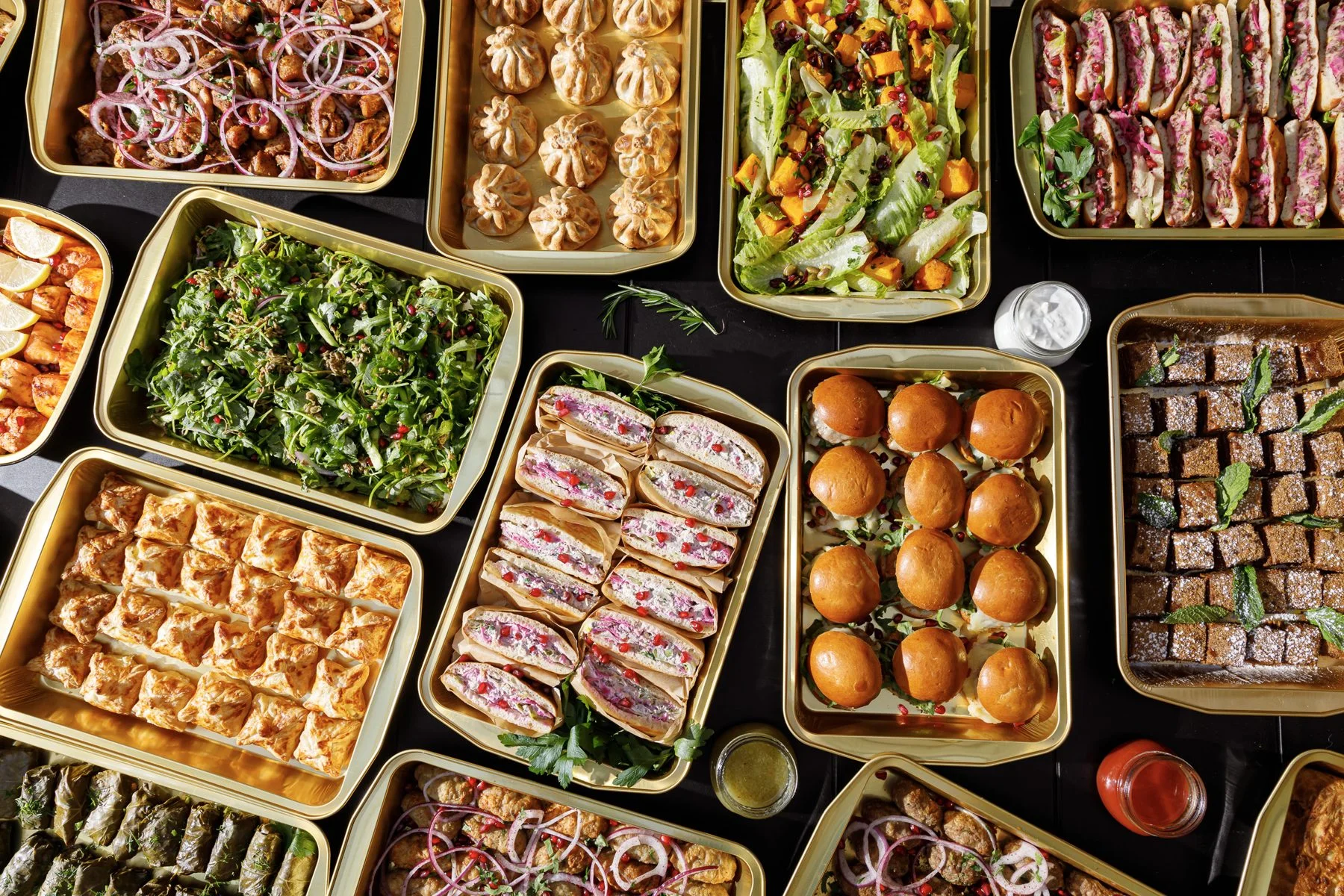 Overhead view of party catering trays
