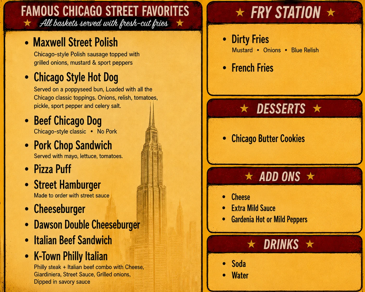 A menu featuring famous Chicago street food items. Options include various sausages, burgers, fries, and desserts.