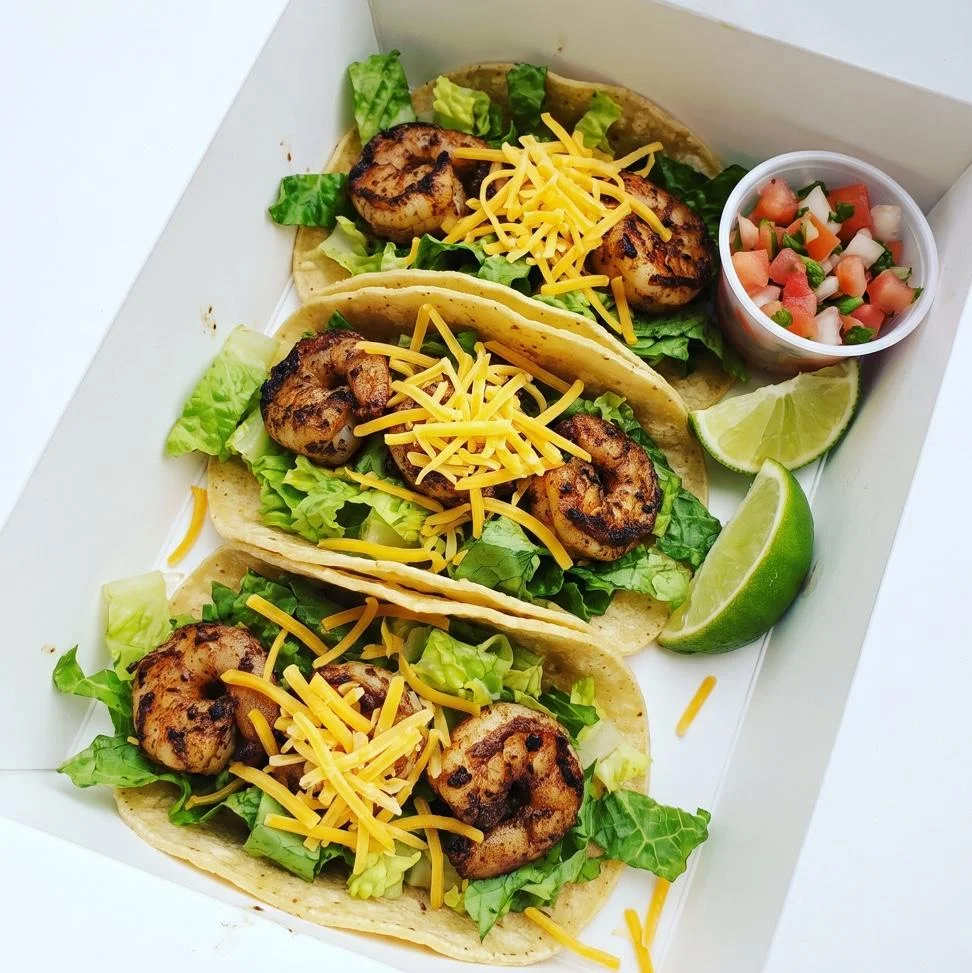 3 Jerk Shrimp Tacos w/ sweet potato fries & Drink