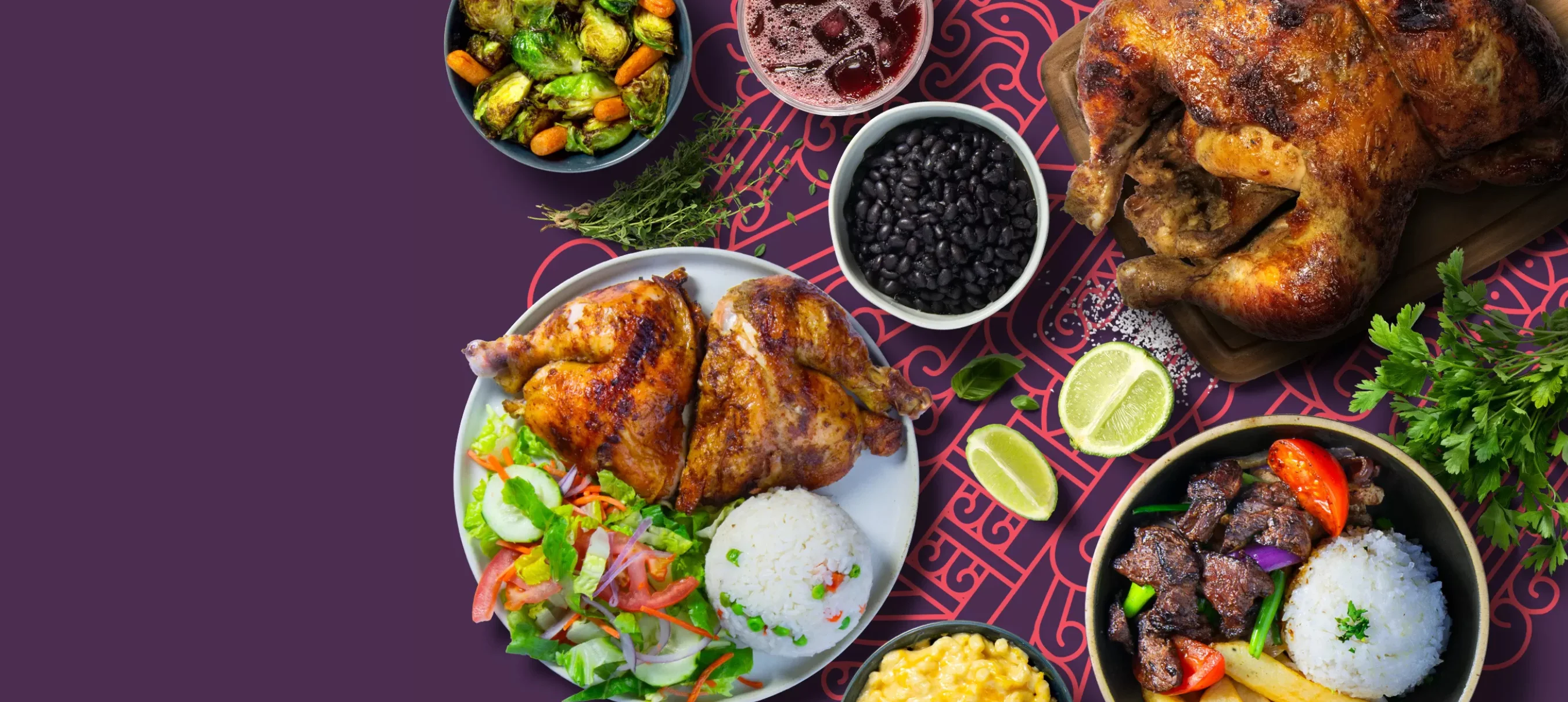 Platter of Peruvian pollo a la brasa with sides and fresh ingredients
