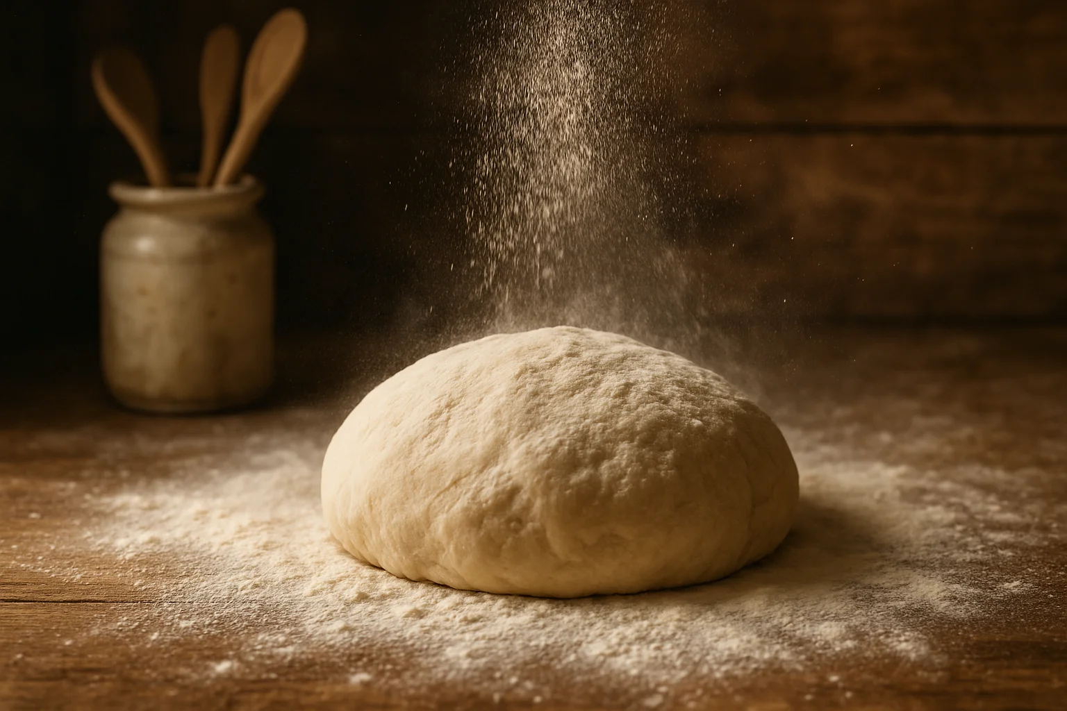 A close-up of a single ball of pizza dough on a floured wooden surface, with flour falling from above.