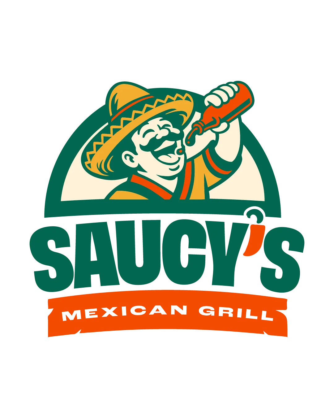 A vibrant logo featuring a traditional figure with a mustache and sombrero pouring sauce, accompanied by the words 'SAUCY'S MEXICAN GRILL'.