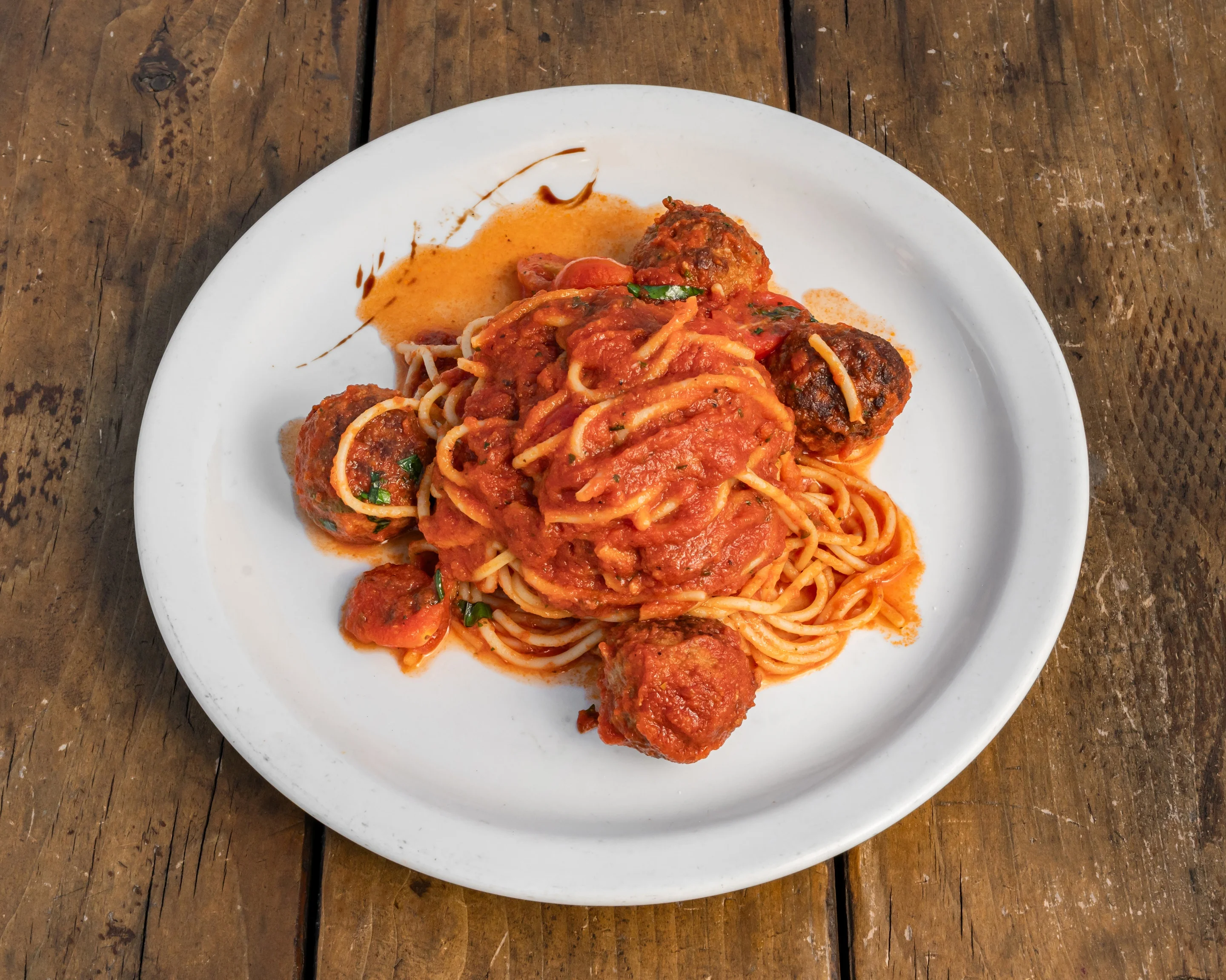 Classic spaghetti and meatballs in marinara sauce
