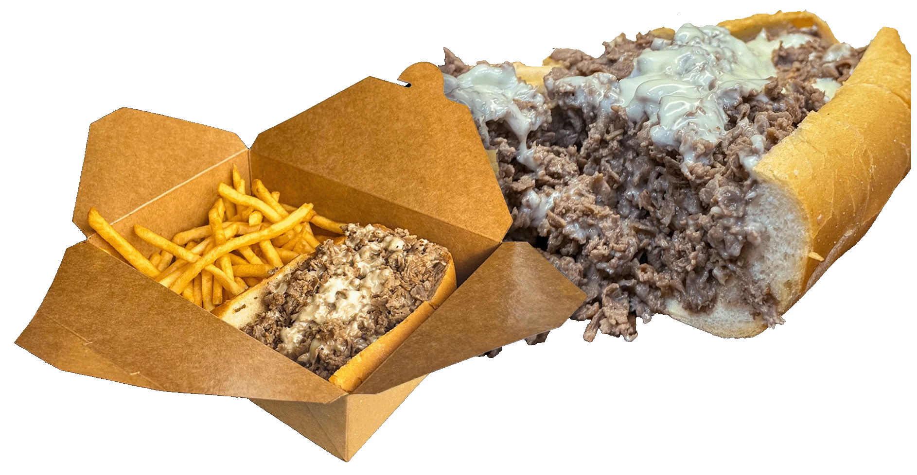 Philly cheesesteak sandwich with fries