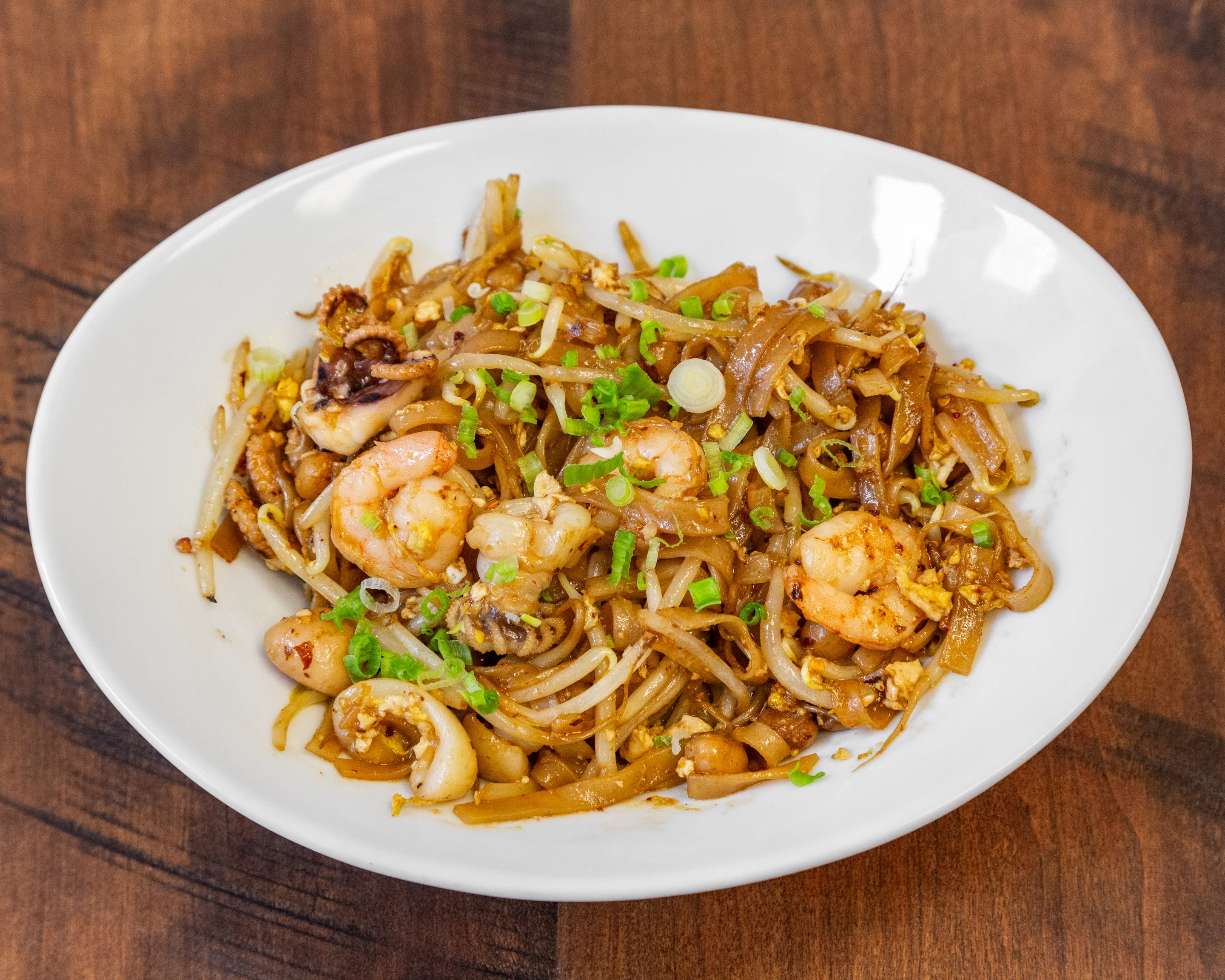 Delicious Malaysian char kway teow with shrimp and bean sprouts