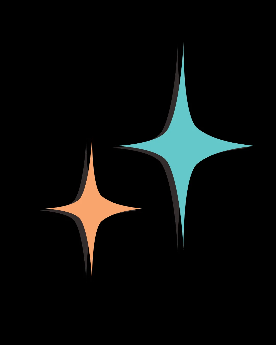 Stylized graphic of sparkling stars in orange and teal
