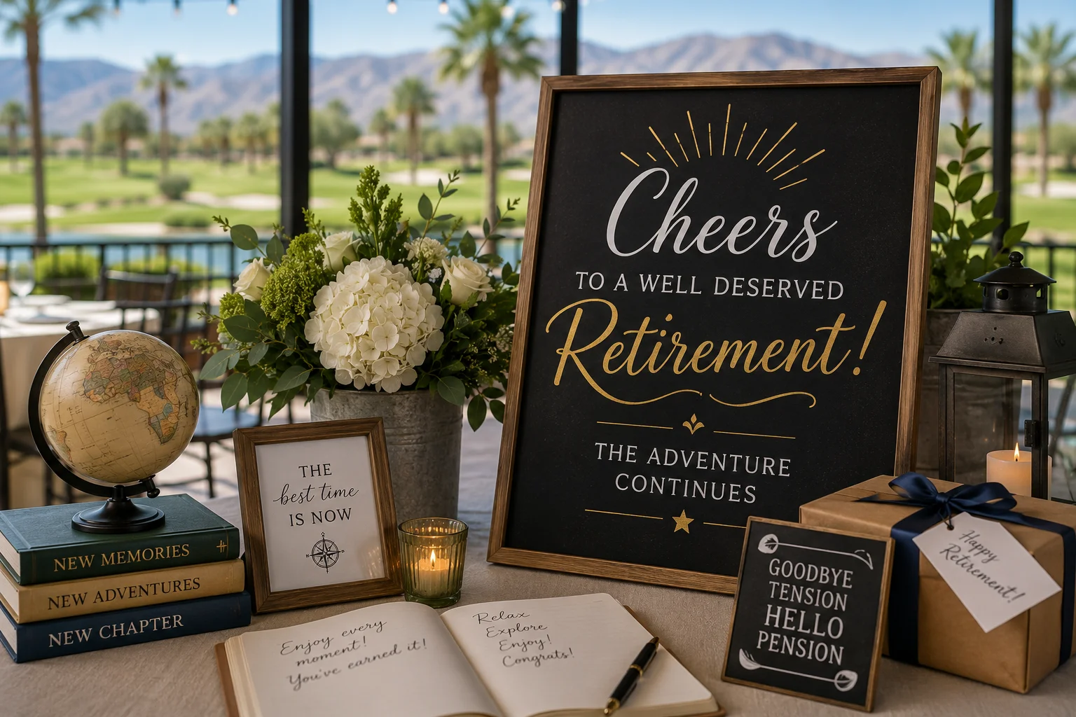 Elegant retirement celebration decor with flowers and globe
