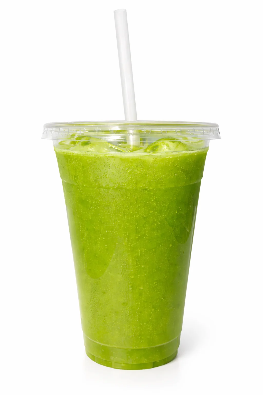 A clear cup filled with a vibrant green smoothie, complete with ice and a straw, suggesting a healthy drink option.