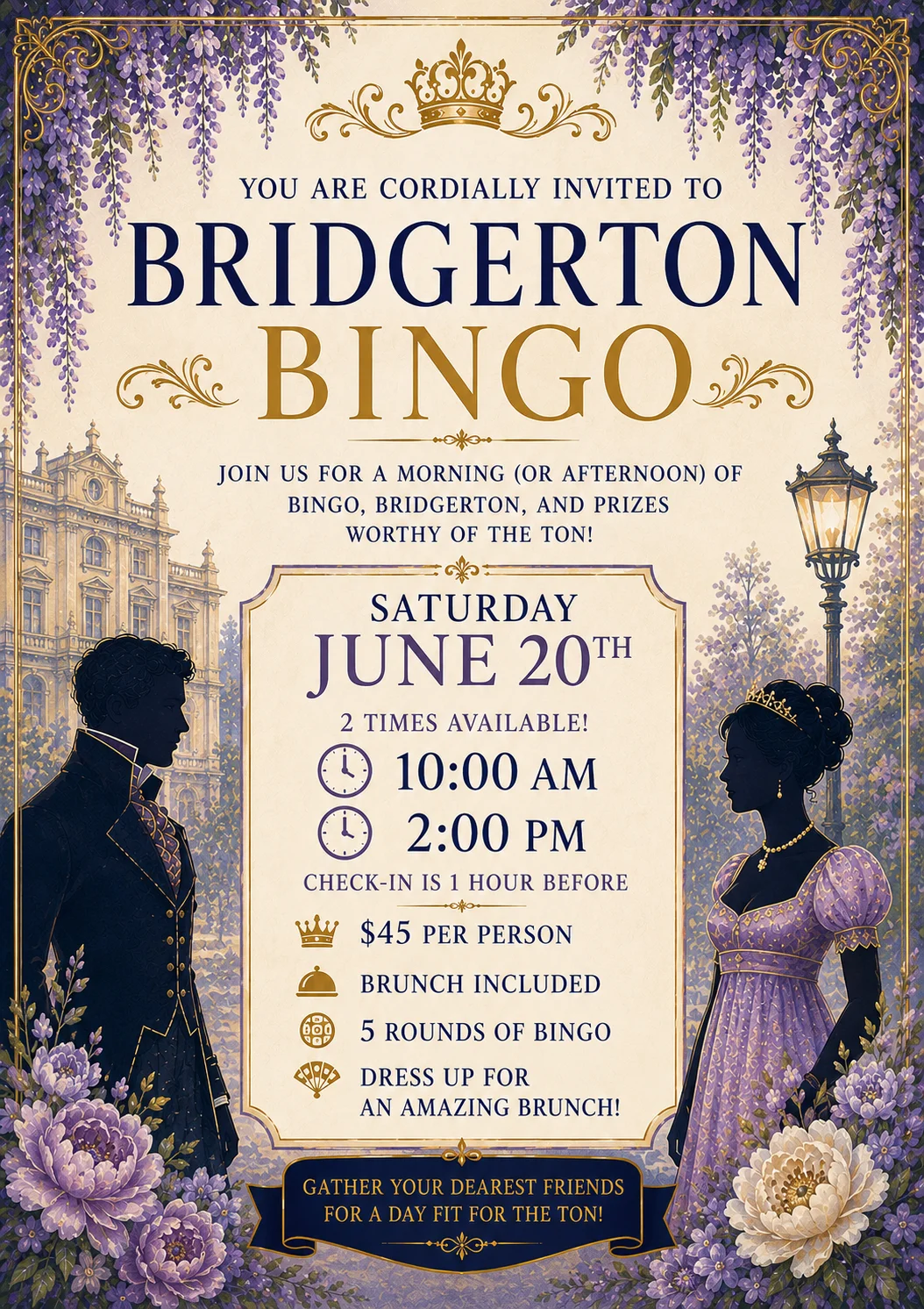Invitation to Bridgerton Bingo event with details and elegant design.