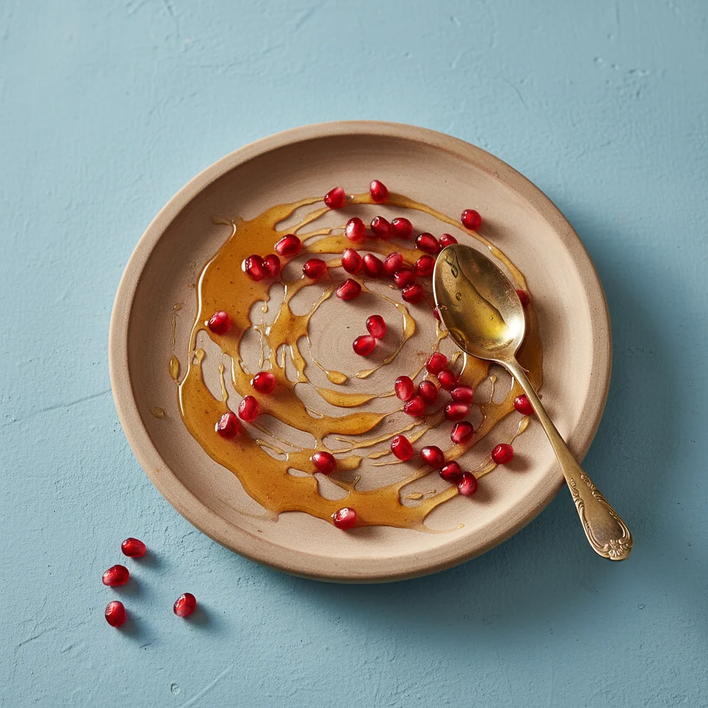 Pomegranate dessert sauce on a rustic plate