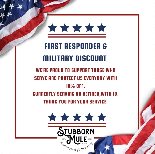 Promotional graphic for first responder and military discount at Stubborn Mule