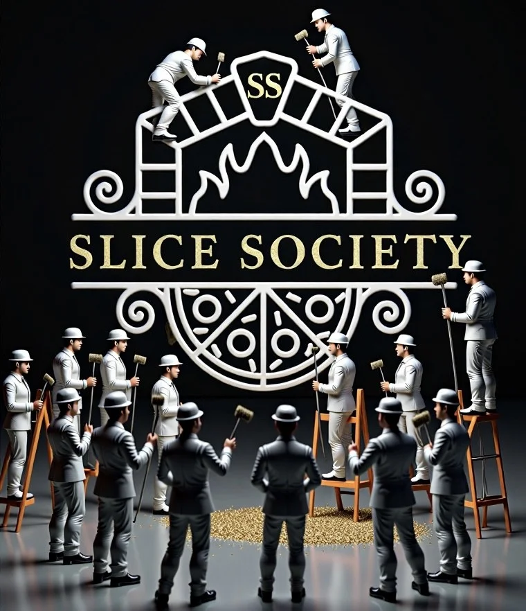 Artistic representation of Slice Society logo with miniature figures