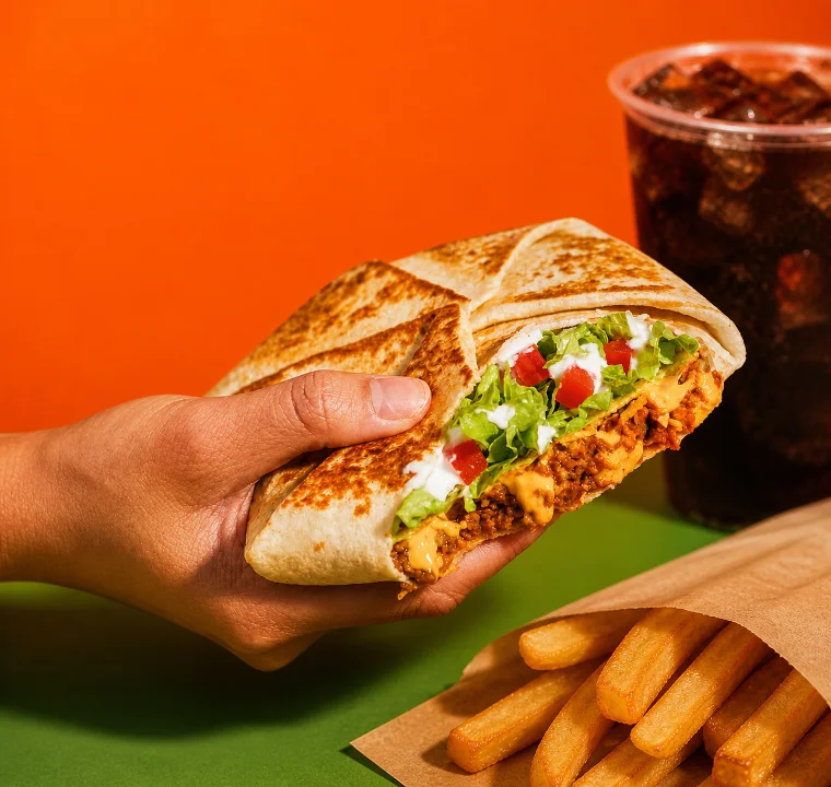 A hand grips a burrito packed with fresh ingredients, accompanied by a drink and fries on the side. The bright background enhances the appetizing presentation.