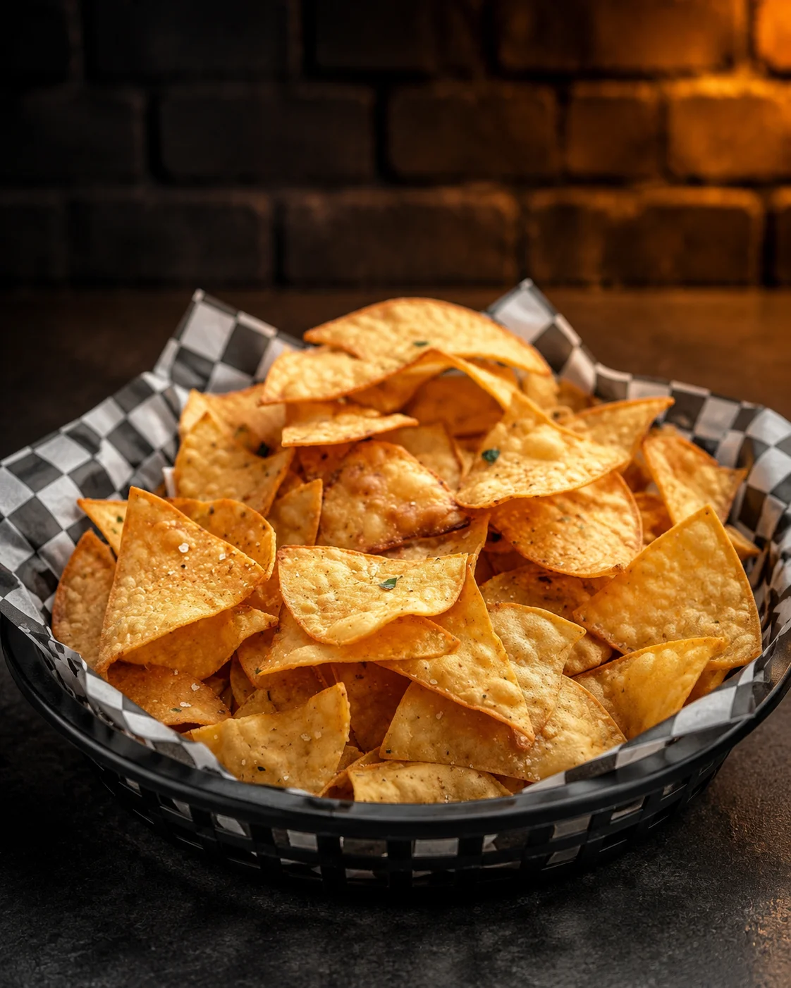 Crispy tortilla chips served in a basket