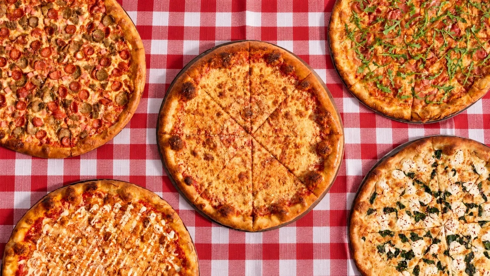 Cheese and pepperoni pizzas on a red-and-white checkered tablecloth