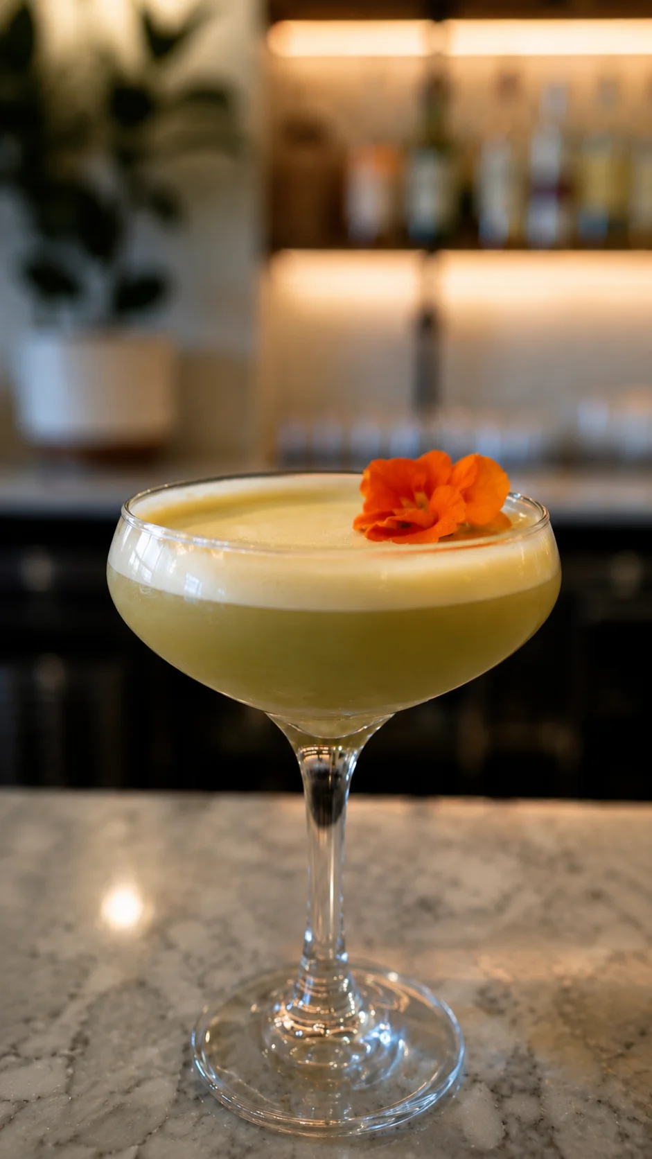 Craft cocktail garnished with edible flower in a stylish glass
