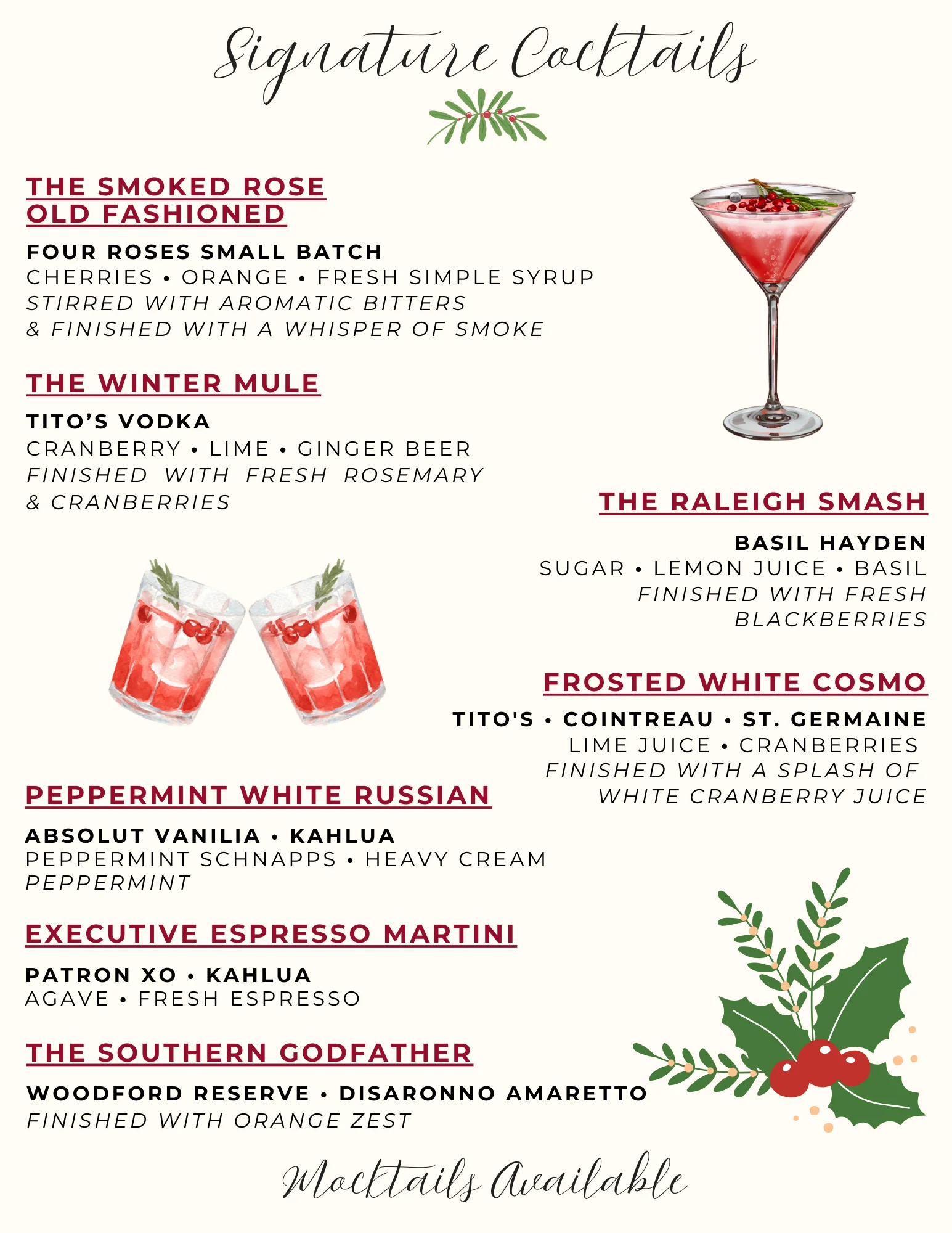 Signature cocktail menu featuring festive drinks