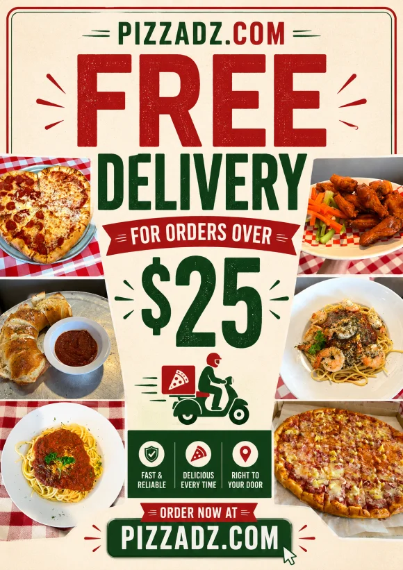 Delicious pizza and pasta dishes with free delivery promotion