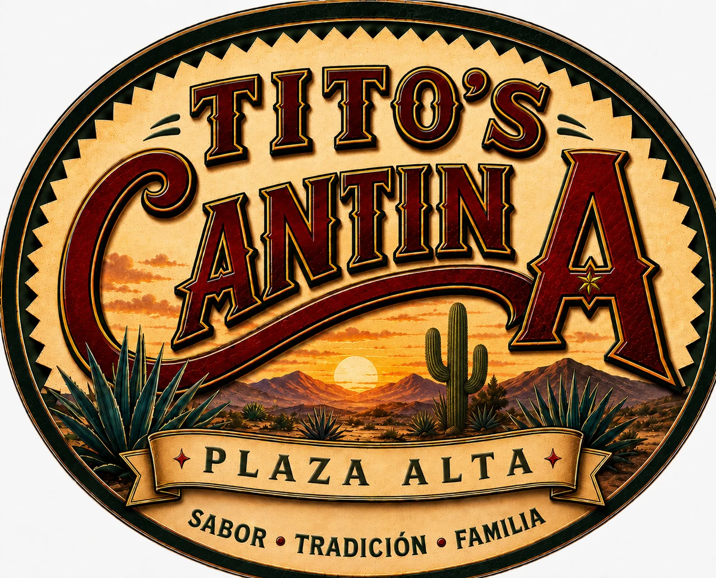 The logo of Tito's Cantina, showcasing a sunset view with cacti and traditional designs.