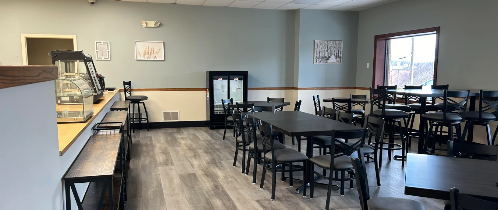 Cozy restaurant interior with modern decor and seating