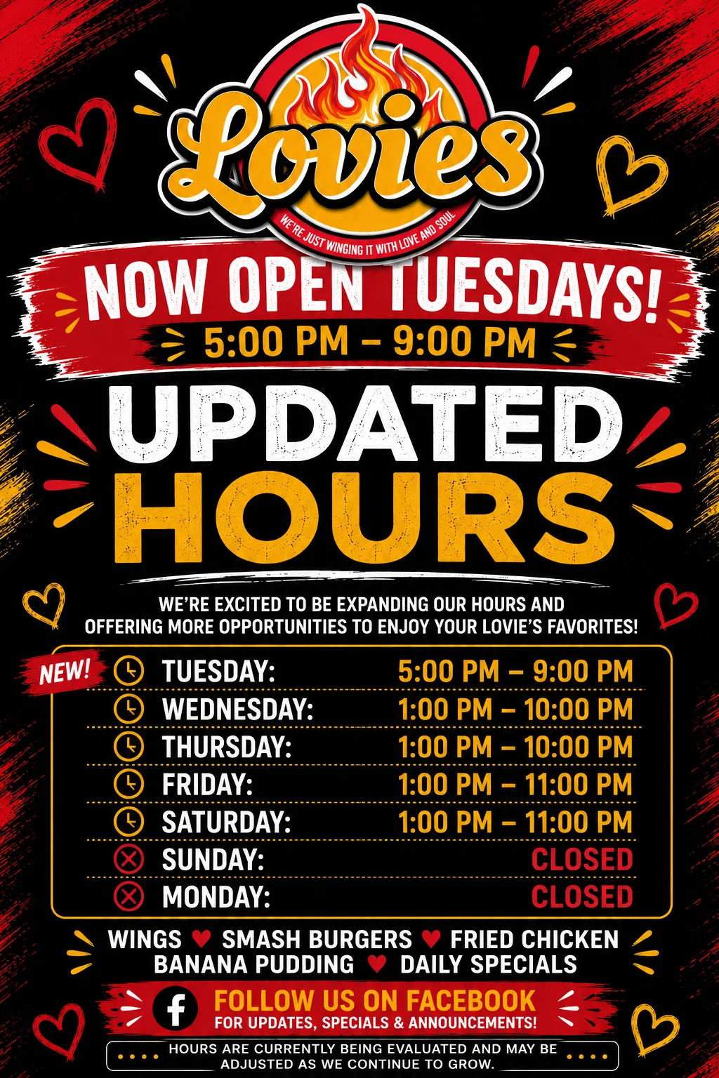Updated restaurant hours for Lovies, featuring wings and burgers